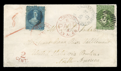 [New Zealand to Red River Settlement], cover addressed to Red River Settlement originating with New Zealand 1864-71 2d Blue (32) and 1- Pale yellow green (37) and Invercargill,
Southland N.Z.My 26, 69 datestamp, with manuscript United Stat