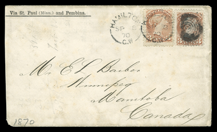 Via St. Paul (Minn.) and Pembina, printed directive on westbound cover to Winnipeg, Manitoba with two Canada 1870 3c Orange red (37, each with tear) tied by Hamilton, C.W.Sp 8,
70 datestamp and target cancel, fine.