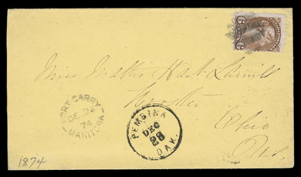 Fort GarryManitoba, December 26, 1874, clear datestamp on yellow cover to Wooster, Ohio with Canada 1872 6c Yellow brown (39) tied by matching four-bar grid, entered the United
States mails with bold Pembina, Dak.Dec 28 datestamp, fresh and