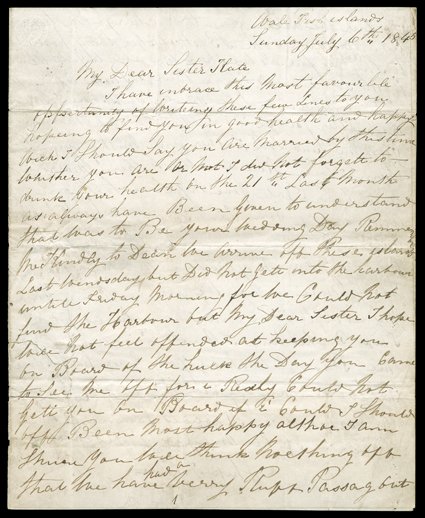 [Sir John Franklins 1845 Ill-Fated Arctic Expedition - from the last batch of letters sent] Extremely rare autograph letter with integral address leaf simply addressed with
name, by William Rhoades on Board of her Majesty Discovery Ship Terror,
