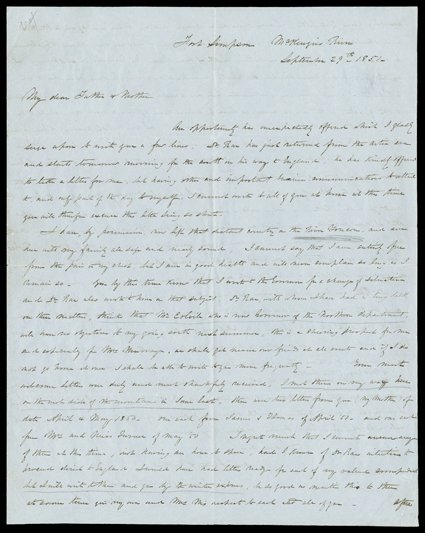 Murray, Alexander H., Outstanding Hudsons Bay Company and Franklin Expedition content autograph letter signed by the fur trader, Fort Simpson, McKenzie River (present-day
Northwest Territories), September 29, 1851. He writes his parents, Capt. a