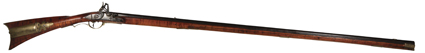 [Gun, Pennsylvania flintlock musket] Created by gunsmith Peter Moll of Hellertown, PA, whose name and town are engraved in the top of the barrel. Octagonal 44-inch barrel, with
full-length stock, wooden ramrod. The earliest known gun under his na