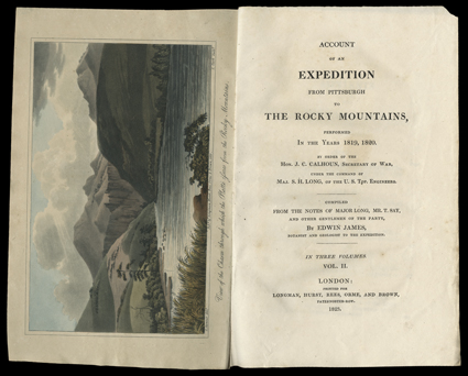Account of an Expedition from Pittsburgh to the Rocky Mountains., Edwin James. London, Longman, Hurst, Rees, et al, 1823. Three volumes. First English edition. 8vo, rebacked
with original paper spines with hand-written labels from a contempor