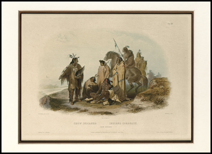 [Crows] Aquatint Engraving Crow Indians C. Bodmer, painter, Bougeard, publisher, Hurlimann, engraver. Holscher in Koblenz, Ackermann in London, Bertrand in Paris, 1840.
Embossed C. Bodmer at bottom. Vignette XIII from Maximilian of Wieds Tra