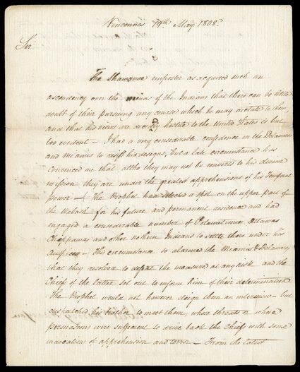 [The Prophet and Tecumseh, William H. Harrison] Four important Letters Signed by Harrison as governor of the Indiana Territory, 1808-1810, on Native American hostilities that
would climax in Tecumsehs War. All are written from Vincennes, the ter
