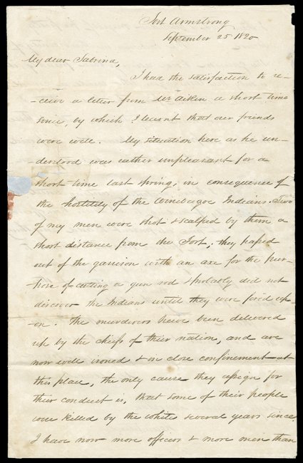 [Black Hawk War, Ft. Armstrong] Interesting letter by Maj. Morrill Marston, commander of Fort Armstrong, Illinois, to Sabrina Marston in Hampton, NH, September 25, 1820. My
situation here...was rather unpleasant last spring, in consequence of