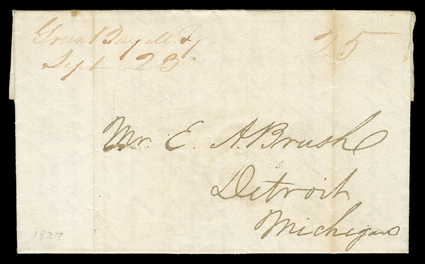 [Winnebago War] Historic early letter, Ouisconsins Portage, Michigan Territory, September 4, 1827. With manuscript postmark Green Bay M.T.  Sept. 23 and 25-cent rate. John H.
Kinzie, Indian agent, writes to EA Brush in Detroit that Yester