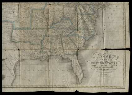 Map of the United States., Solomon Schoyer. NY, 1826 - 16½x20½, - hand-colored in outline, folding into orig 12mo paper covers. One fold tear without loss, some breaks at fold
joints, overall soiling, cover rubbed.
