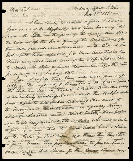 Taliaferro, Lawrence, Trio of content autograph letters signed from the Indian Agency at St. Peters, the first July 6, 1831. He writes to Genl. Joseph M. Street in Prairie du
Chien, I have recently concluded a peace between four bands of the C