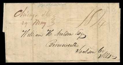 [Black Hawk War, early Chicago postmark] brown manuscript Chicago Ill, 29 May postmark and matching 18 34 rate on 1832 folded letter with integral address leaf to Brownsville,
Illinois with an eye-witness account of the Indian Creek massacre