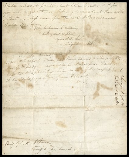 [The Black Hawk War, Winfield Scott] Important Autograph Letter Signed twice, Winfield Scott, and (after postscript) W.S., 3 ½ pages, 4to, Chicago, July 18, 1832. To Brigadier
General Henry Atkinson, commanding all US forces, he reports, S