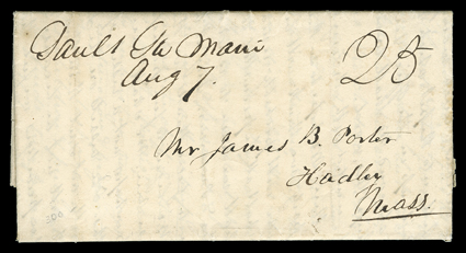 [Cholera during the Black Hawk War], manuscript Sault Ste. Marie, Aug 7 postmark and matching 25 rate on 1832 folded letter with integral address leaf to Hadley, Mass., fresh
and very fine ex-Haas.The military letter reads ...They (s