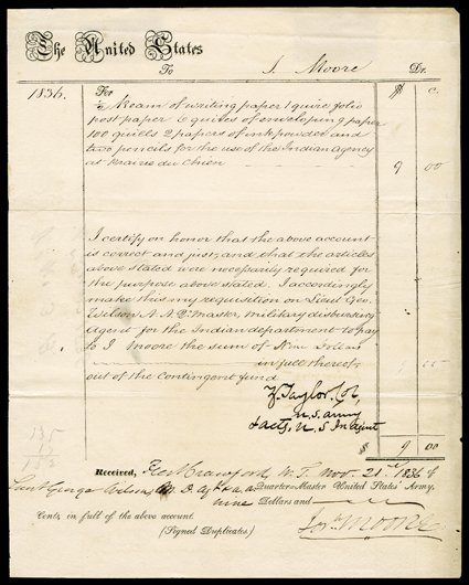 Taylor, Zachary, A historic group of four Letters Signed and one Document Signed, 1832-43. The first, written from Ft. Crawford, Illinois Territory, (now Prairie du Chien,
Wisconsin) August 23, 1832, is to the US Adjutant General upon Taylors be