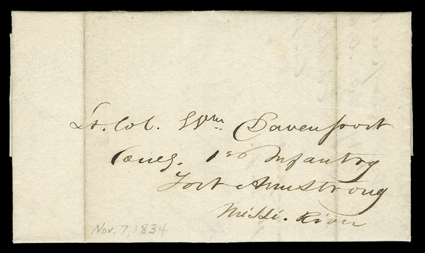 [Massacre of the Winnebagos] Important autograph letter signed by Ethan Allen Hitchcock, Fort Crawford, Michigan Territory, November 7, 1834, to Lt. Colonel William Davenport
of the 1st Infantry at Fort Armstrong at Rock Island, IL. He has heard