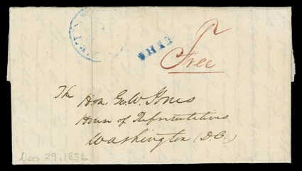 [Second Seminole Indian War, 1836-42] folded letter with integral address leaf to Washington, D.C. datelined at Fort Brooke Tampa Bay, West Florida, 29 Dec. 1836 endorsed Free
and carried by ship to New Orleans where it entered the mails with