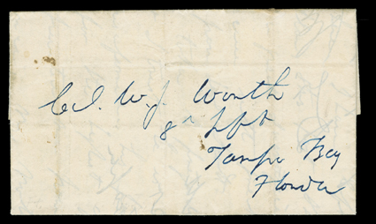 [Seminole Indian War, Florida, 1841] folded letter with integral address lead datelined at Fort Shannon, 2 March, 1841 to Colonel J.W. Worth, carried by military courier from
Fort Shannon (on the St. Johns River at Palatka) to Tampa Bay, very f