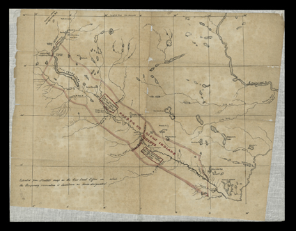 [Dakota Reserve] Outstanding hand-drawn Map: Dakota or Sioux Indians Reserve along the St. Peters River, according to treaties of 1850 and 51 (both ratified 1853). It shows the
land to which the Native Americans are reserved, extending from the
