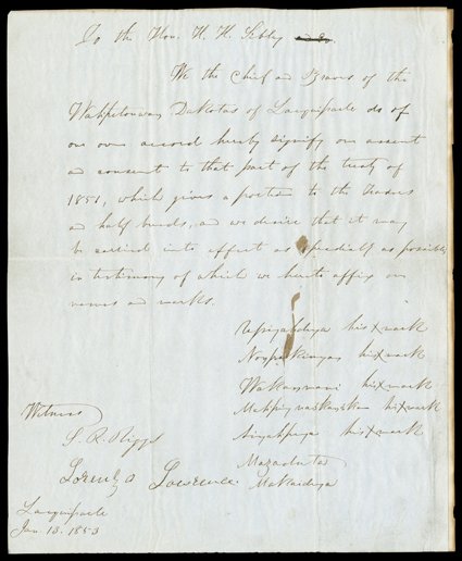 [Dakota Sioux Treaty] Manuscript proclamation signed with the marks of five chiefs, 1853. It reads, We the Chief and Braves of the Walipitouway Dakotas of Lacquiparle (a lake
that is a widening of the Minnesota River, and site of a mission)