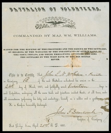 [Spirit Lake Massacre] Volunteer JLN McFarlanes certificate of seventeen days service and discharge, signed by John F. Duncombe, captain of Company B, Fort Dodge, Iowa, April
21, 1857. Some ink smearing and one spot of discoloration. Capt. Dunc