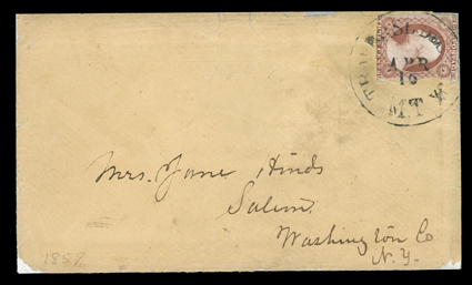 [In the Wake of Spirit Lake] cover to Salem, N.Y. with 3c Dull red (11, faults) tied by Traverse des Sioux, M.T.Apr 16 datestamp, with original 1857 letter, cover with flap
missing and edges archivally reinforced, fine.James Hinds writes to h