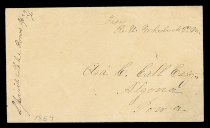 [Spirit Lake Massacre] cover to Algona, Iowa with manuscript Spirit Lake Iowa Apr 26 datestamp and endorsed Free, R.U. Wheelock P.M., with 1859 letter by postmaster Wheelock
regarding the failure of the mails due to almost impassible roads. I