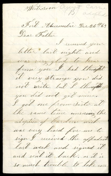 [Civil War and the Sioux Uprising, Cheetam Correspondence] Exceptional group of 61 Autograph Letters, most with original covers, 33 of them by Civil War soldier Thomas J.
Cheetham (all 1862-63), the balance family letters to and from his wife, Ma