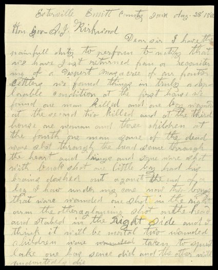 [Sioux War] Pair of choice content letters on Native American attacks in Iowa, 1862. Both are by Edwin Bruce, a physician, to Governor Samuel Kirkwood, both on the same day,
August 28, 1862. He writes of a Despert Massacre of our frontier sett