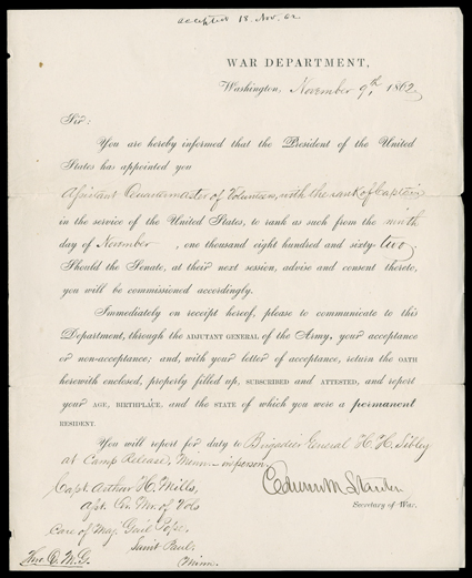 [Sioux Uprising] Choice Document Signed by Secretary of War Edwin Stanton, November 9, 1862. He appoints Arthur H. Mills of St. Paul assistant quartermaster with the rank of
captain. With document signed by Governor Alex. Ramsey of Minnesota,