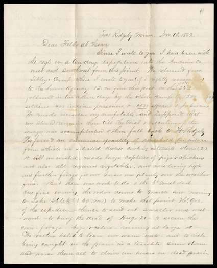 [Sioux War] Great letter by a soldier who has just gone on a raid and will be present at the execution of the leaders of the muderous band of Dakotas. He writes his family from
Fort Ridgely on November 10, 1862:I have been with the Regt. on a