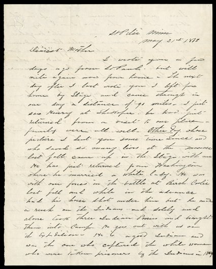 [Sioux War, John Other Day] Choice letter discussing a meeting with the chief, 1863. James Hinds writes his mother from St. Peter that he rode on the stage and John Other Day
whose picture I sent you...and who saved so many lives at the massac
