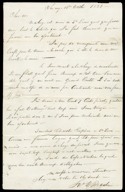 [The founding of Chicago, Illinois] An exceptional pair of letters that concern the earliest days in the life of what would become the great city of Chicago. Includes a historic
letter by Robert Abbott, an agent of the American Fur Company, writt