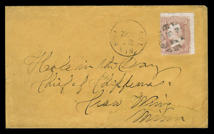 [Chief Hole-in-the-day] buff cover with 3c Rose (65) tied by waffle grid, with matching Saint Paul, MinNov 12 datestamp alongside addressed to Hole in the Day, Chief of
Chippewas, Crow Wing, Minn., slightly reduced at left and light stain a