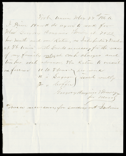 [Indian Fur Trade] One letter and one document concerning later trading with Native Americans and the hiring of a scout, both from Fort Union on the Missouri near Yellowstone,
1866 and 1867. Pierre Hawk agrees to work for Gregory Bruguier & Goewe
