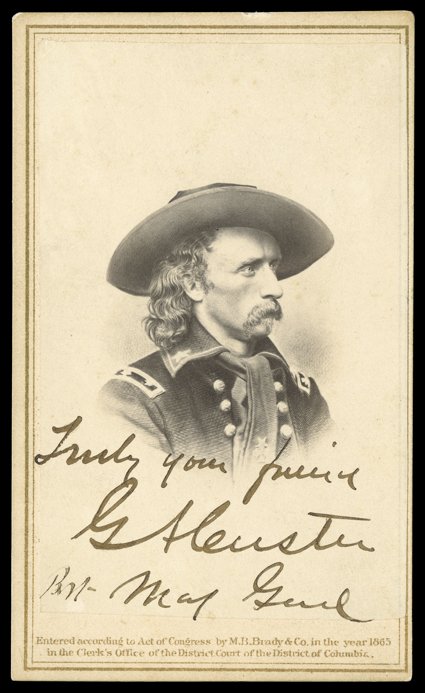 [George Armstrong Custer] Scarce Civil War war-date carte-de-visite Photograph Signed Truly your friend  G.A. Custer  Bvt Maj. Genl. on photographic surface below image. A
handsome photograph of an engraving based on his 1864 photograph by Ma