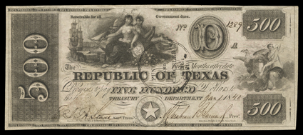 [Republic of Texas, $500.00 Banknote] This is the largest denomination issued by the Republic of Texas between 1839 and 1841, most likely in order to replace the Government of
Texas notes that had been issued in 1838. This example grades Extrem