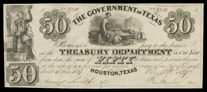[Texas Banknotes] Group features a pair of Government of Texas notes, issued in 1838, both with secretarial signatures of Sam Houston (by William G. Cooke) as President, and of
Henry Smith, known as the first American governor of Texas, as Treasu