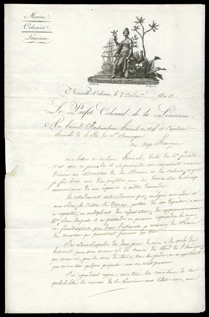 [Louisiana Purchase, French Governor anticipating of the transfer] Important letter signed by the last French governor of Louisiana informing Genl. Rochambeau in Haiti of the
impending cession of Louisiana, Pierre Clement de Laussat, New Orleans,