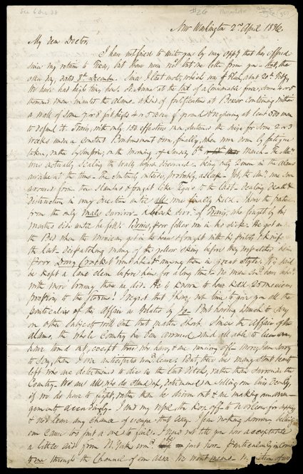 [The Alamo] Exceptional Autograph Letter Signed J. Morgan in body, bursting with content, 4 pages, legal folio, New Washington (now Morgans Point), Texas, April 2, 1836, giving
an account of the events at the Battle of the Alamo less than a mo