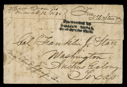 Starr, James Harper, Autograph Letter Signed by the future Texas secretary of the treasury and Confederate postal agent. Writing from Pleasant Grove, GA on March 12, 1836, he
addresses his brother, Col. Franklin Starr at Washington  Austins Co