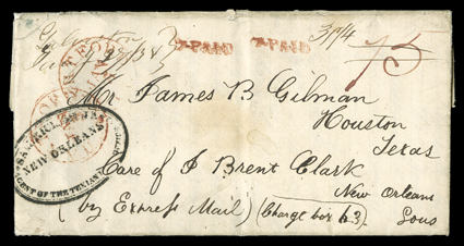 Sam Ricker Jr., Agent of the Texian Post Office, New Orleans, La. (1838), mostly bold oval handstamp on folded letter with integral address leaf to Houston, Texas, originated
with two strikes of red Hartford, Ct.Jan 5 datestamp and two strikes