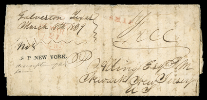 Galveston Texas, March 8th 1839, bold manuscript postmark on folded letter with integral address leaf to the Postmaster at Newark, N.J. and endorsed Free, carried to New
Orleans by the steam packet New York with their well struck straightli