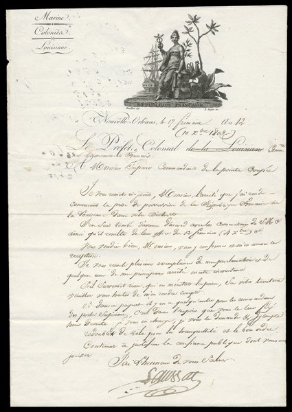 [Louisiana Purchase, French Governor formally receiving Louisiana from Spain for transfer to the United States] Important letter signed by Pierre Clement de Laussat, last French
governor of Louisiana, to M. Duparc, commander of the Point Coupee,