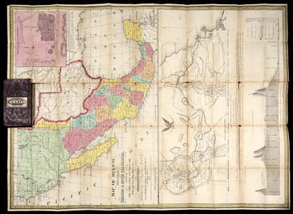 Map of Mexico, including Yucatan & Upper California..., Samuel Augustus Mitchell. Phila., 1847 - 44.1cm by 19.4cm, folded into orig 16mo pocket covers - orig full & outline
color. One rectangle of map still attached to anchor panel, the rest clea