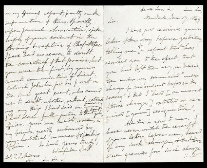 [Winfield Scott at Chapultepec] Historic content Autograph Letter Signed Winfield Scott, 4 full pages, 12mo, New York, January 17, 1849. He writes Col. Timothy P. Andrews about
the latters letter:telling me of a report that has reached you.