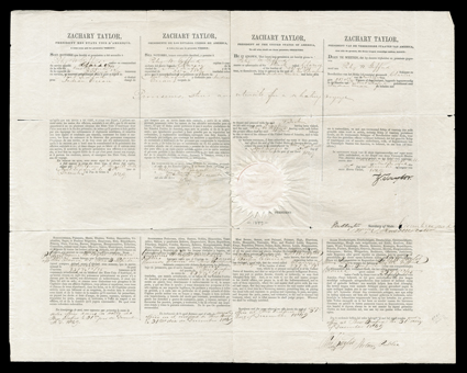 Taylor, Zachary, Partlially printed Document Signed Z. Taylor as President, 1 page, large folio, (Washington), December 31, 1849. Four-language ships papers, in French,
Spanish, English, and Dutch, for Peleg W. Gifford..of the Bark called C