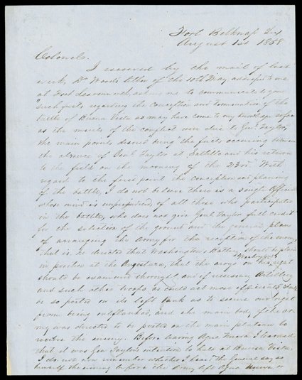 [George H. Thomas on Battle of Buena Vista] Great content letter defending the actions of General Zachary Taylor to Secretary of War Jeff Davis. Extremely desirable Autograph
Letter Signed Geo. H. Thomas  Maj. 2nd Cavy., 4 pages, 4to, Ft. Belkn
