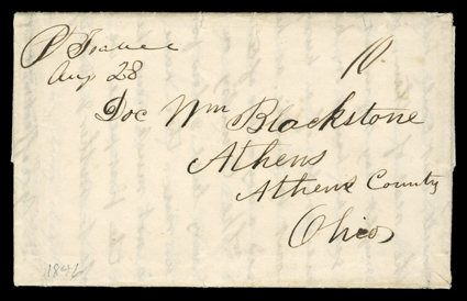 Pt Isabel, Aug 28 (1846), manuscript Texas dispatch postmark and 10 rate on folded letter to Athens, Ohio, letter datelined at Camp Belknap August 7th, 1846, with interesting
content from a soldier mentioning his future movements further into