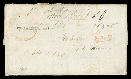 Matamoros, Mex(ico) Nov 18 (1846), military forwarding endorsement on 1846 folded letter to Mobile, Alabama, entered the mails with red Columbus, OhioOct 12 datestamp and
manuscript 10 rate, red Adv. 2 handstamp struck on front and back by