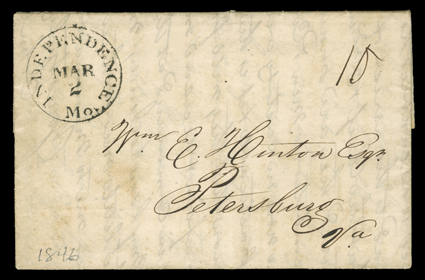 [Mexican plot to retake Santa Fe] folded letter with integral address leaf datelined Santa Fe N.M. 28th Dec. 1846, carried by military express up the Santa Fe trail and entered
the mails to Petersburo, Va. with Independence, Mo.Mar 2 datesta