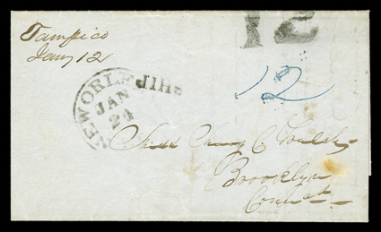[Occupation of Tampico, Mexico] two folded letters with integral address leaves with provisional military markings that were carried to New Orleans by Naval transports, first
with manuscript TampicoJany 12 1847 postmark that entered the mails